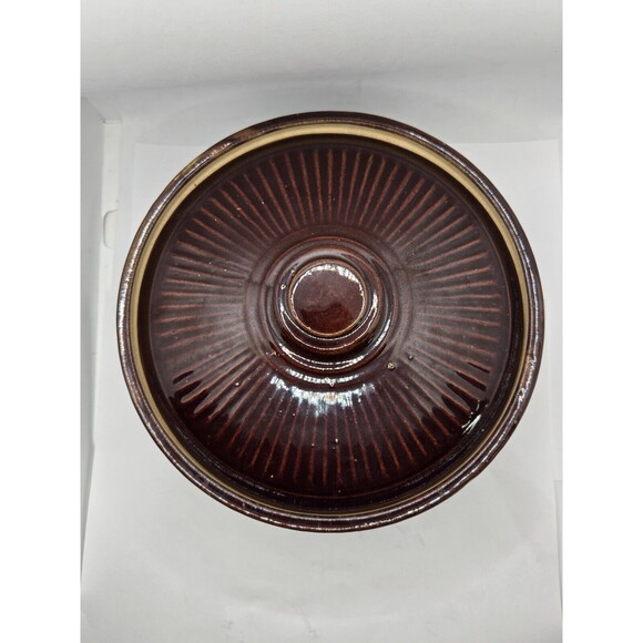 Vtg Dark Brown Stoneware Casserole w/lid Ribbed Design USA Made 8 1/4" D x 3.5" - Picture 3 of 10